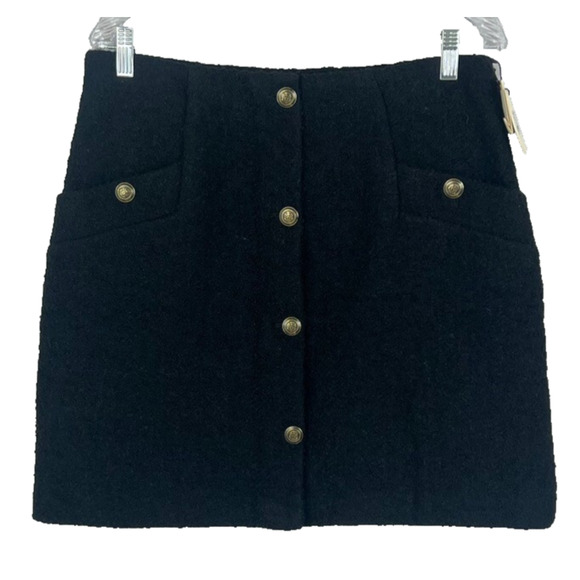 New Sandro Paris Mini Skirt Womens 42 Black Wool Blend Textured Side Zipper - Picture 1 of 16